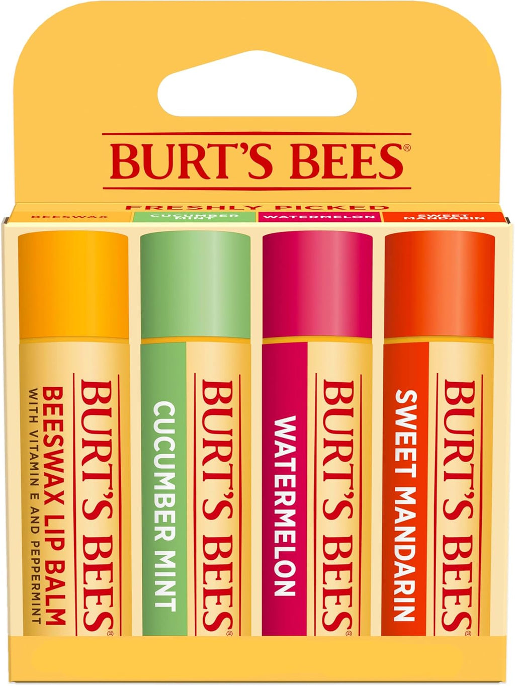 100% Natural Origin Moisturising Lip Balm Set, Freshly Picked - Beeswax, Cucumber Mint, Watermelon, & Sweet Mandarin, 4 Tubes