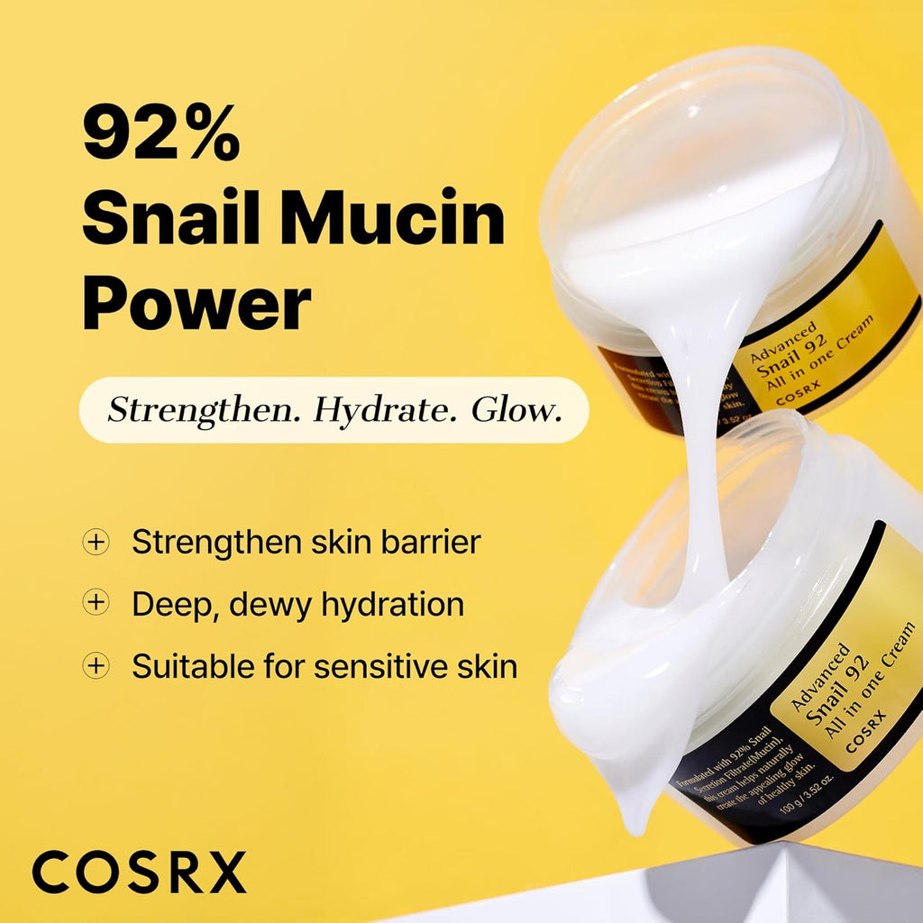 COSRX Snail Mucin 92% Repair Cream 100G, Daily Face Gel Moisturizer for Dry Skin, Acne-Prone, Sensitive Skin, t Tested on Animals,  Parabens, Korean Skincare