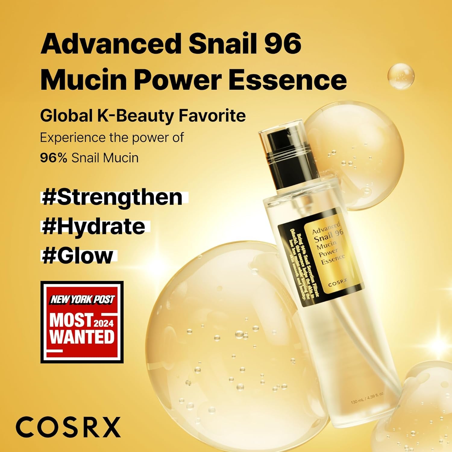 COSRX Snail Mucin 96% Power Repairing Essence 100Ml, Hydrating Serum for Face with Snail Secretion Filtrate for Dull Skin & Fine Lines, Korean Skincare