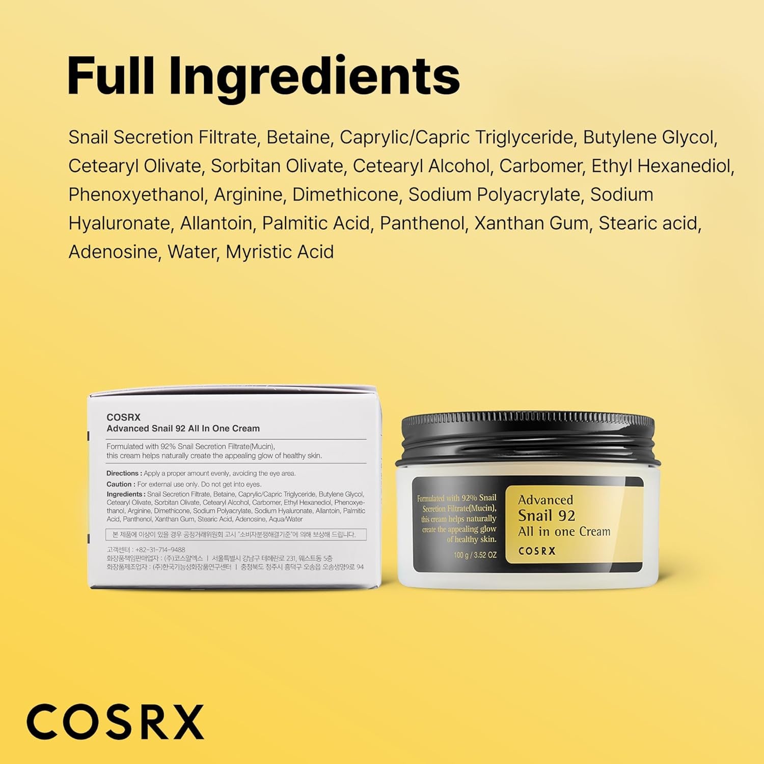 COSRX Snail Mucin 92% Repair Cream 100G, Daily Face Gel Moisturizer for Dry Skin, Acne-Prone, Sensitive Skin, t Tested on Animals,  Parabens, Korean Skincare