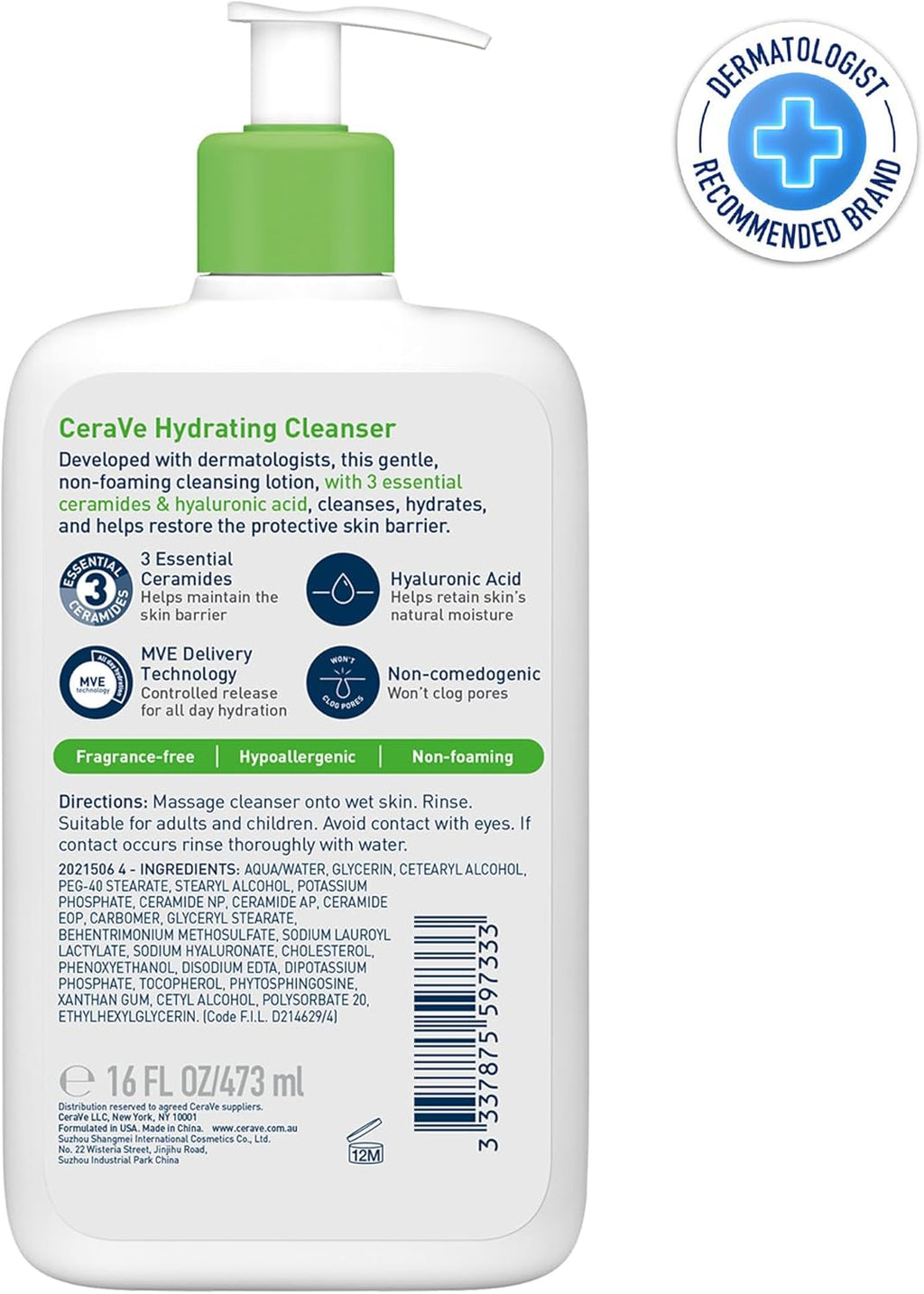 Cerave Hydrating Cleanser Face Wash, for rmal to Dry Skin, Hyaluronic Acid + 3 Essential Ceramides, Cleanses and Hydrates without Disrupting Natural Skin Barrier of the Face & Body