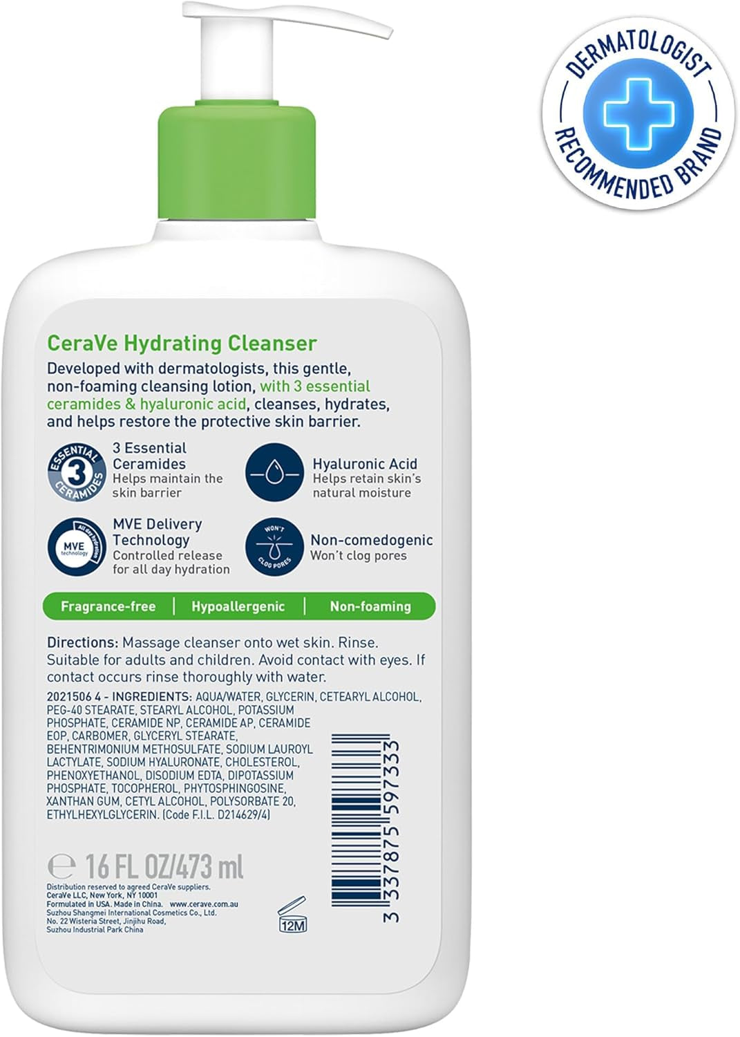 Cerave Hydrating Cleanser Face Wash, for rmal to Dry Skin, Hyaluronic Acid + 3 Essential Ceramides, Cleanses and Hydrates without Disrupting Natural Skin Barrier of the Face & Body