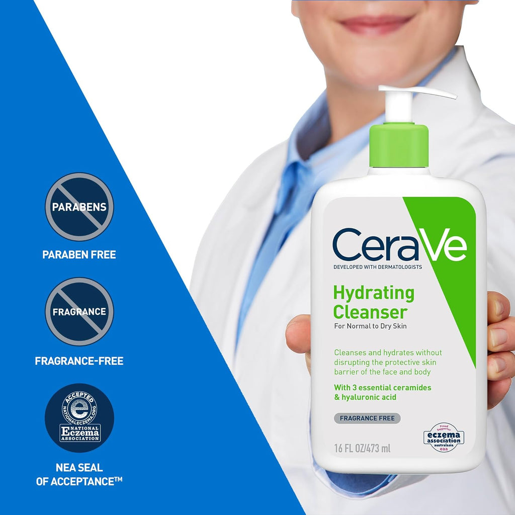 Cerave Hydrating Cleanser Face Wash, for rmal to Dry Skin, Hyaluronic Acid + 3 Essential Ceramides, Cleanses and Hydrates without Disrupting Natural Skin Barrier of the Face & Body
