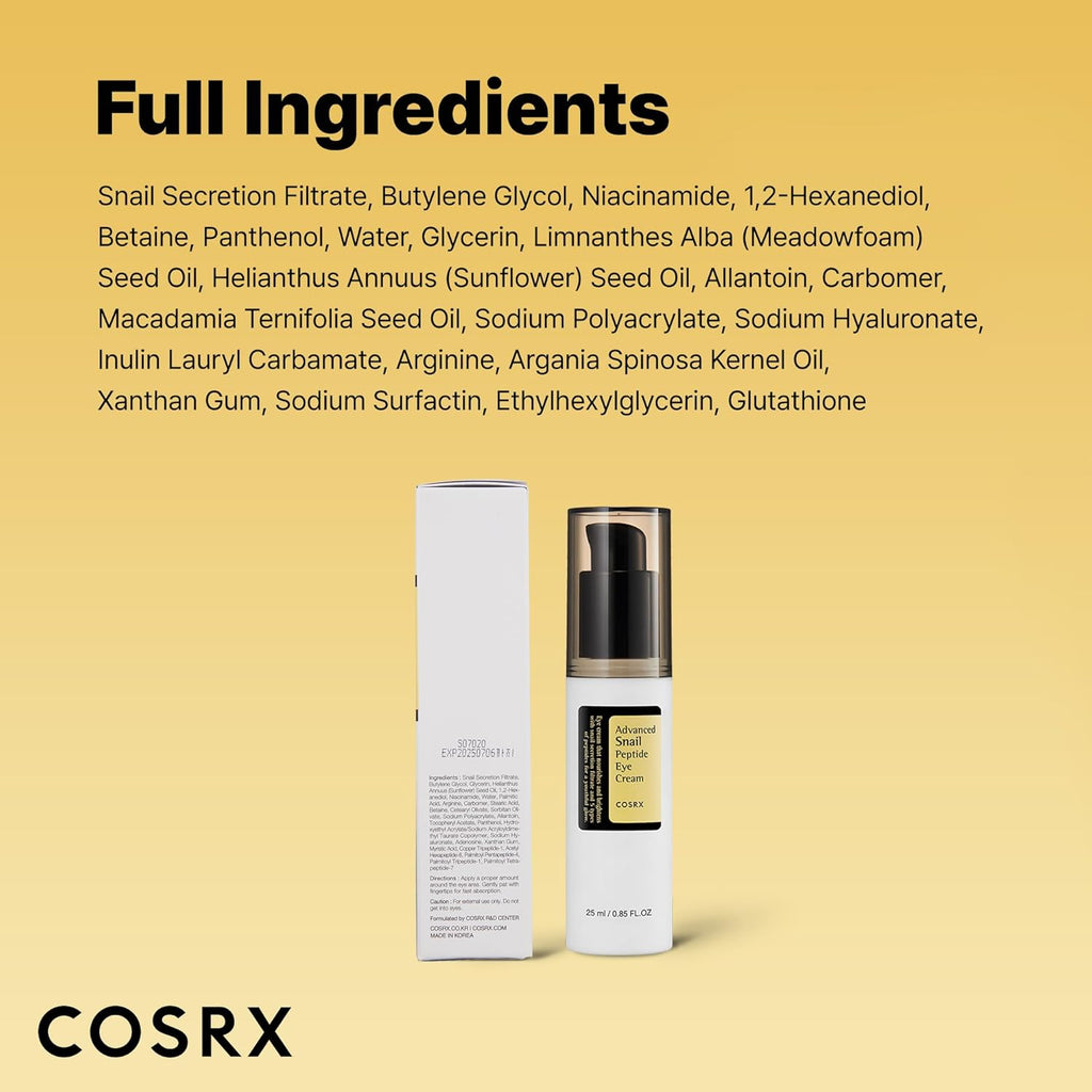 Snail Mucin Peptide under Eye Cream, 0.84 Fl Oz, 73.7% Snail Mucin and Niacinamide, Eye Care, Eye Cream anti Aging, Dark Circles, Korean Skin Care