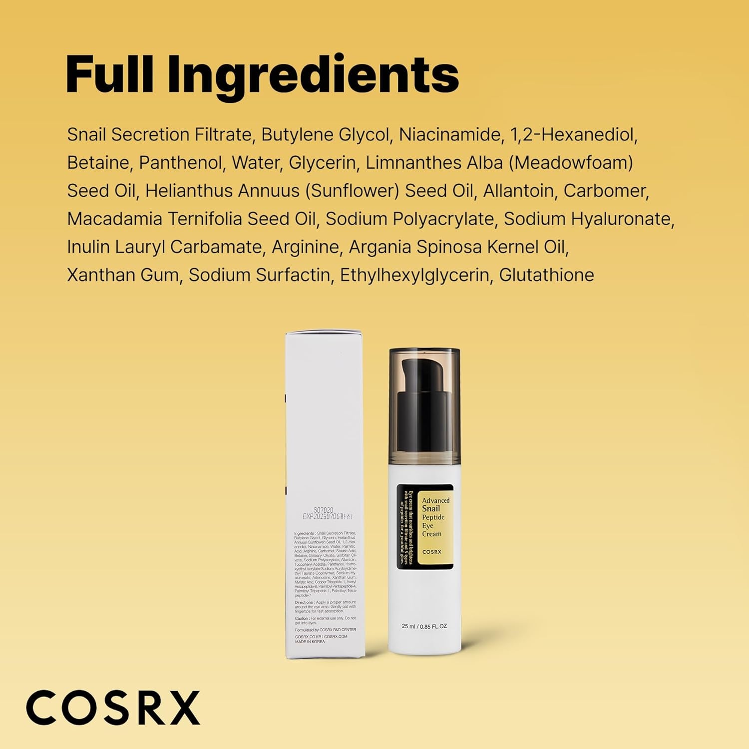 Snail Mucin Peptide under Eye Cream, 0.84 Fl Oz, 73.7% Snail Mucin and Niacinamide, Eye Care, Eye Cream anti Aging, Dark Circles, Korean Skin Care