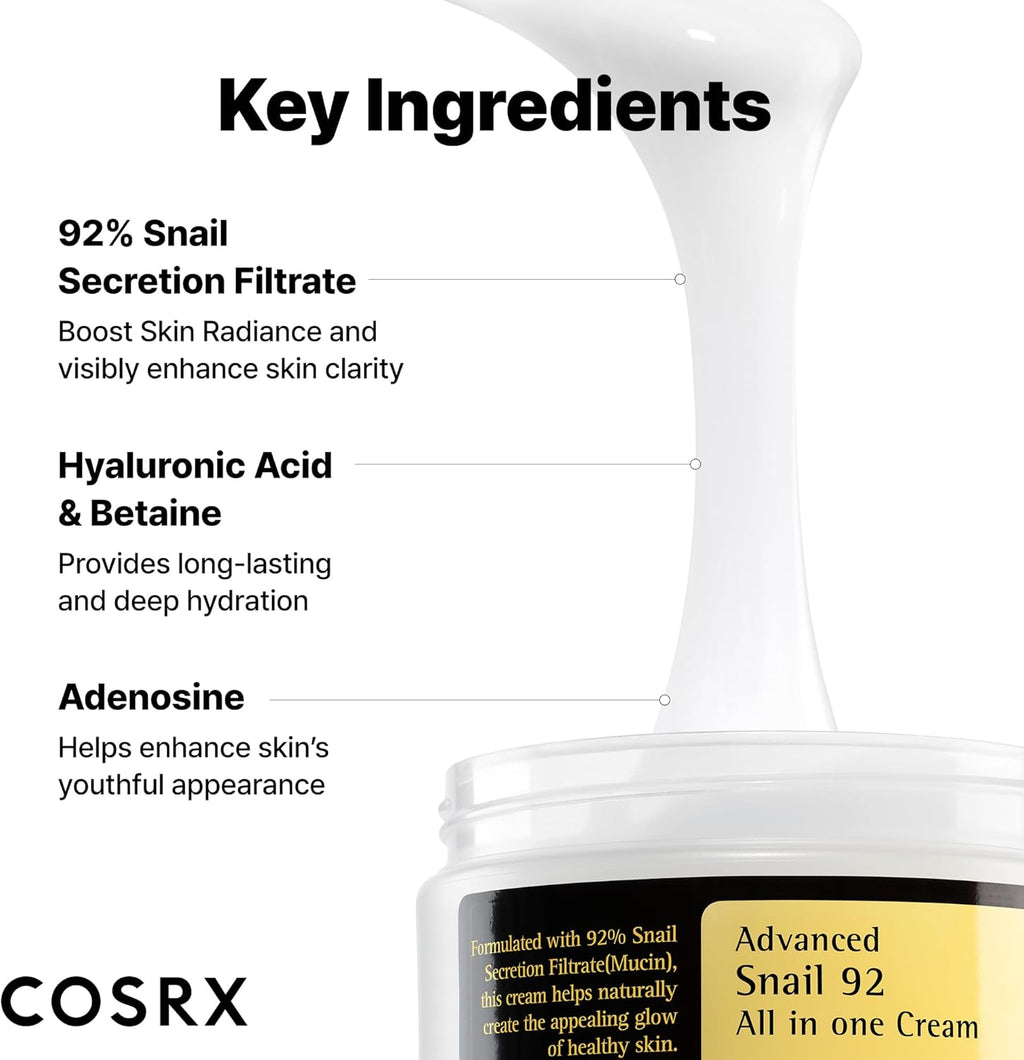 COSRX Snail Mucin 92% Repair Cream 100G, Daily Face Gel Moisturizer for Dry Skin, Acne-Prone, Sensitive Skin, t Tested on Animals,  Parabens, Korean Skincare