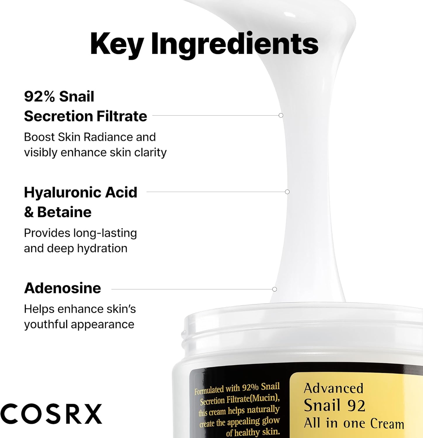 COSRX Snail Mucin 92% Repair Cream 100G, Daily Face Gel Moisturizer for Dry Skin, Acne-Prone, Sensitive Skin, t Tested on Animals,  Parabens, Korean Skincare