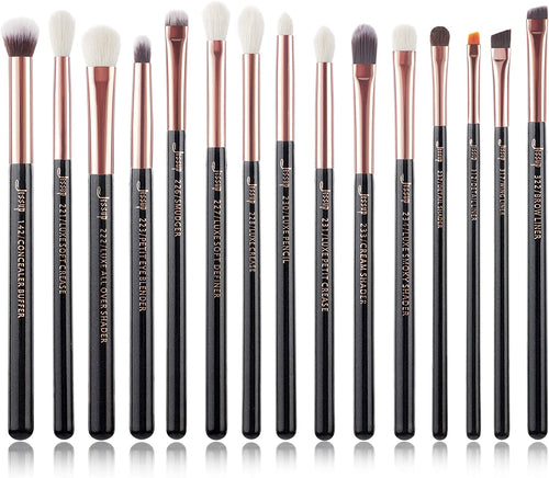 15Pcs Professional Makeup Brushes Set Make up Brush Tools Kit Cosmetics Tools Eye Liner Shader Wood Handle Natural-Synthetic Hair Brushes (Pearl Black/Rose Gold), T157